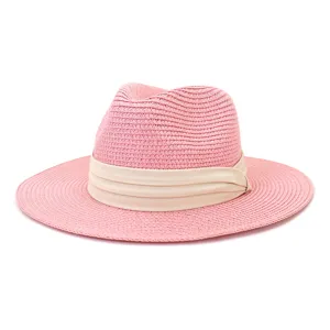 Pink straw fedora hat detail, wide brim sun protection beach summer hat stylish accessory