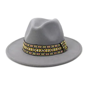 Clásico sombrero fedora lana gris con colorida banda étnica tejida ala ancha plana para hombres mujeres