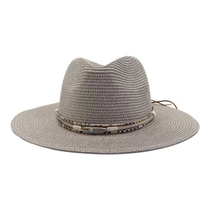 Zomer strand zon strohoed voor mannen vrouwen brede rand fedora hoed met bohemien band