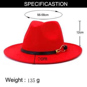Red wool fedora hat with black belt and metal buckle, stylish autumn winter accessory.