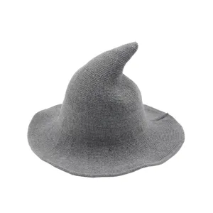 Chapeau de sorcière tricoté gris automne hiver chapeau magique pointu bonnet en laine confortable mode
