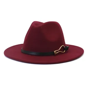 Burgundy wool fedora hat with black leather belt and gold buckle, stylish autumn accessory.