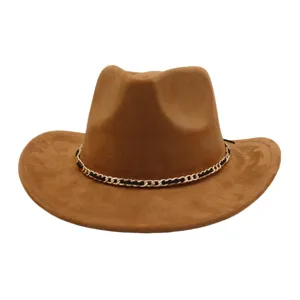 Sombrero de vaquero de ante marrón con elegante cadena dorada para hombres y mujeres gorra de jazz.