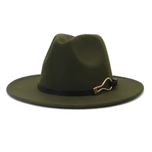 Dark green wool felt fedora hat with wide brim, black belt and gold horsebit buckle.