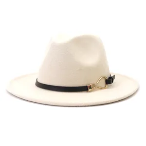 Wool felt fedora hat, wide flat brim winter jazz cap with leather belt and gold metal buckle.