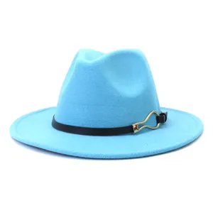 Light blue felt fedora hat detail, showing black leather belt and gold metal buckle trim.