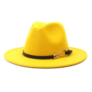 Yellow wool felt fedora hat with black belt buckle detail, wide flat brim winter hat.