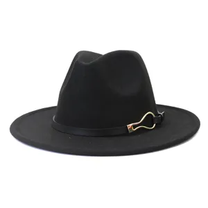 Black felt fedora hat with gold buckle detail, wide brim jazz cap for autumn and winter style.