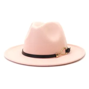 Pink wool felt fedora hat with black leather strap and chic gold metal buckle, detail view.