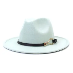 Light green wool felt fedora hat featuring black leather strap and chic gold metal buckle.