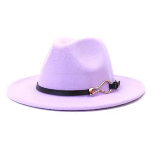 Detailed view of the elegant light purple woolen fedora hat with black belt and metal buckle.