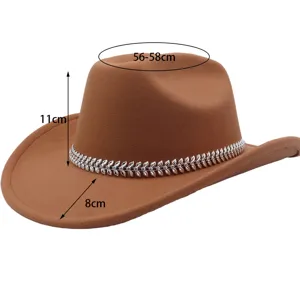 Brauner Western-Cowboyhut Detail mit 11cm Kronenhöhe, 8cm Krempe und 56-58cm Kopfumfang.