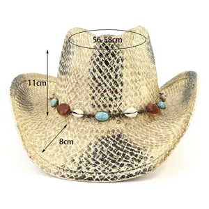 Chapeau de cowboy occidental en paille avec déco de perles, chapeau de soleil.