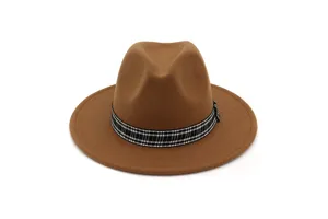 Γυναικείο μάλλινο καπέλο fedora vintage καφέ φαρδύ φλατ γείσο jazz καπέλο με καρό κορδέλα