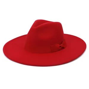 Κομψό κόκκινο μάλλινο καπέλο fedora για γυναίκες, φαρδύ γείσο καπέλο τζαζ με φιόγκο.