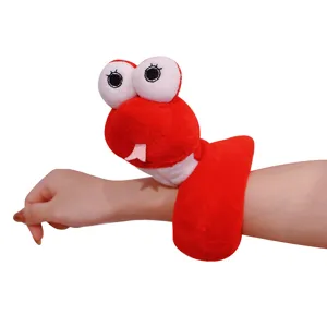 Cute red snake slap bracelet plush toy for kids and adults, soft animal wristband gift.