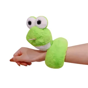 Cute green snake plush slap bracelet toy worn on wrist, perfect fun gift for kids and adults.