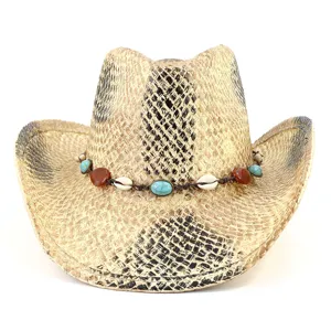 Chapeau de Cowboy Western en Paille de Raphia Fait Main Chapeau de Soleil de Plage Avec Bande de Chapeau en Perles de Coquillage Pour Hommes Femmes