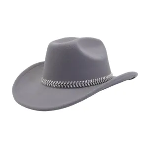 Grauer Wollfilz-Cowboyhut mit metallischem Blätter-Zierband für Western-Stil Mode.