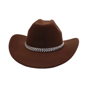 Klassischer brauner Wollfilz Western Cowboy Hut mit silbernem Strass Blätter Band für Damen