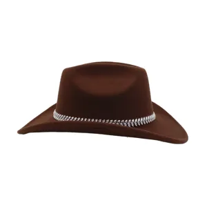 Brauner Wollfilz Cowboyhut mit glitzerndem Strass-Blattband, stylischer westlicher Jazzhut.