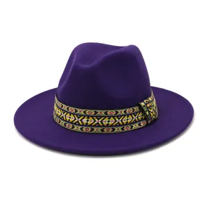 Sombrero fedora de fieltro morado para hombre y mujer, ala ancha plana con cinta étnica tejida.
