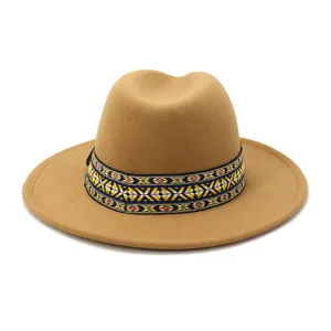 Sombrero fedora de lana clásico con cinta geométrica étnica, elegante sombrero para unisex