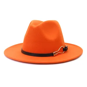 Autumn winter orange wool fedora hat with black leather strap and gold metal buckle detail.