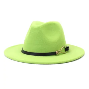 Bright green wool fedora hat with black belt and gold metal buckle for autumn winter fashion.