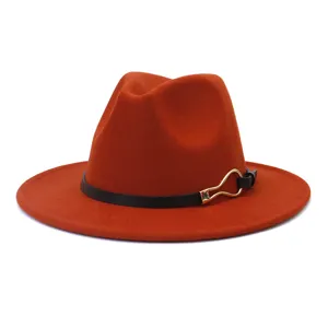 Autumn winter wool fedora hat wide flat brim jazz cap with black belt gold buckle
