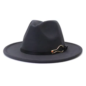 Dark grey wool felt fedora hat with black leather strap and gold buckle for women autumn fashion.