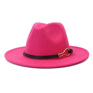 Fashion pink wool fedora hat for women, autumn and winter wide brim jazz cap with metal buckle.