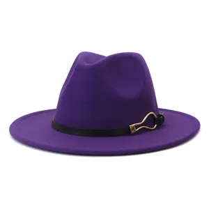 Purple wool fedora hat detail, featuring a sleek black leather belt and a chic gold buckle.