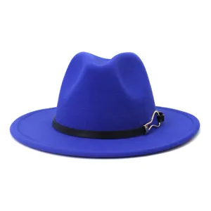 Royal blue wool fedora hat with black belt band and metal buckle for autumn winter fashion.