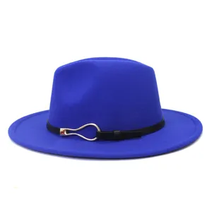 Blue wool fedora hat detail, elegant wide flat brim with black belt and metal buckle.