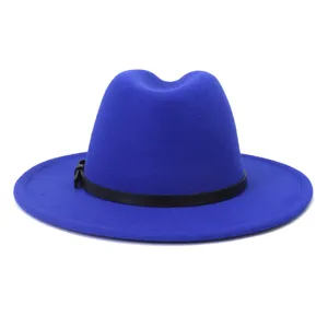 Blue woolen fedora hat detail, featuring classic flat wide brim and black belt accent.