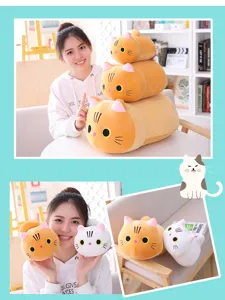 Cute chubby cat plush toy cylindrical soft pillow detail view in cozy home room scene