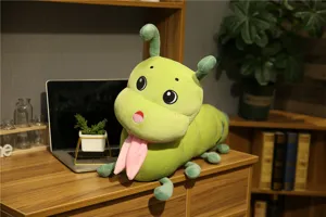 Cute green caterpillar plush toy soft long pillow for kids sleeping soothing doll decoration.