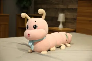 Cute pink caterpillar plush toy with blue scarf, soft long hugging pillow for kids sleep.