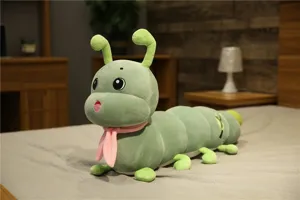 Cute green caterpillar plush toy with pink scarf, soft long hugging pillow for kids.