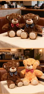 Mignon ours en peluche avec nœud papillon, poupée en peluche douce pour câlins et déco.