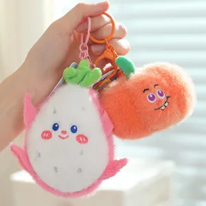 Cute plush fruit keychain set, soft stuffed dragon fruit and orange bag charms for girls.