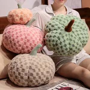 Sherpa pumpkin pillow plush toy, cute checkered stuffed pumpkin cushion for home decor.