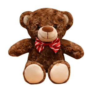 Joli peluche ours en peluche marron avec nœud papillon rayé rouge, poupée câline.