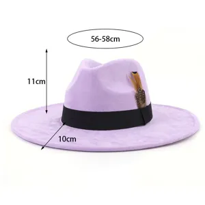 Women suede felt fedoras hat with feather wide brim flat brim fashion elegant winter cap