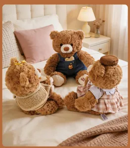 Cozy detailed shot of cute plush teddy bears in adorable outfits sitting on warm bed scene.