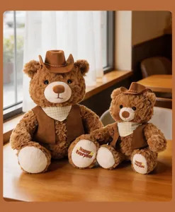 Cute couple teddy bear plush toy with cowboy hat and vest, soft hugging pillow gift.