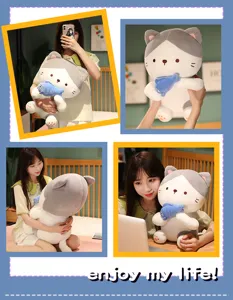 Cute sitting cat plush toy with blue fish, soft sleeping pillow and companion doll for kids.