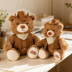 Cute couple teddy bear plush toy wearing cowboy hat, soft stuffed animal gift for girlfriend.