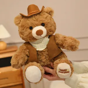 Cute cowboy teddy bear plush toy with vest and hat, perfect soft gift for girlfriend and kids.